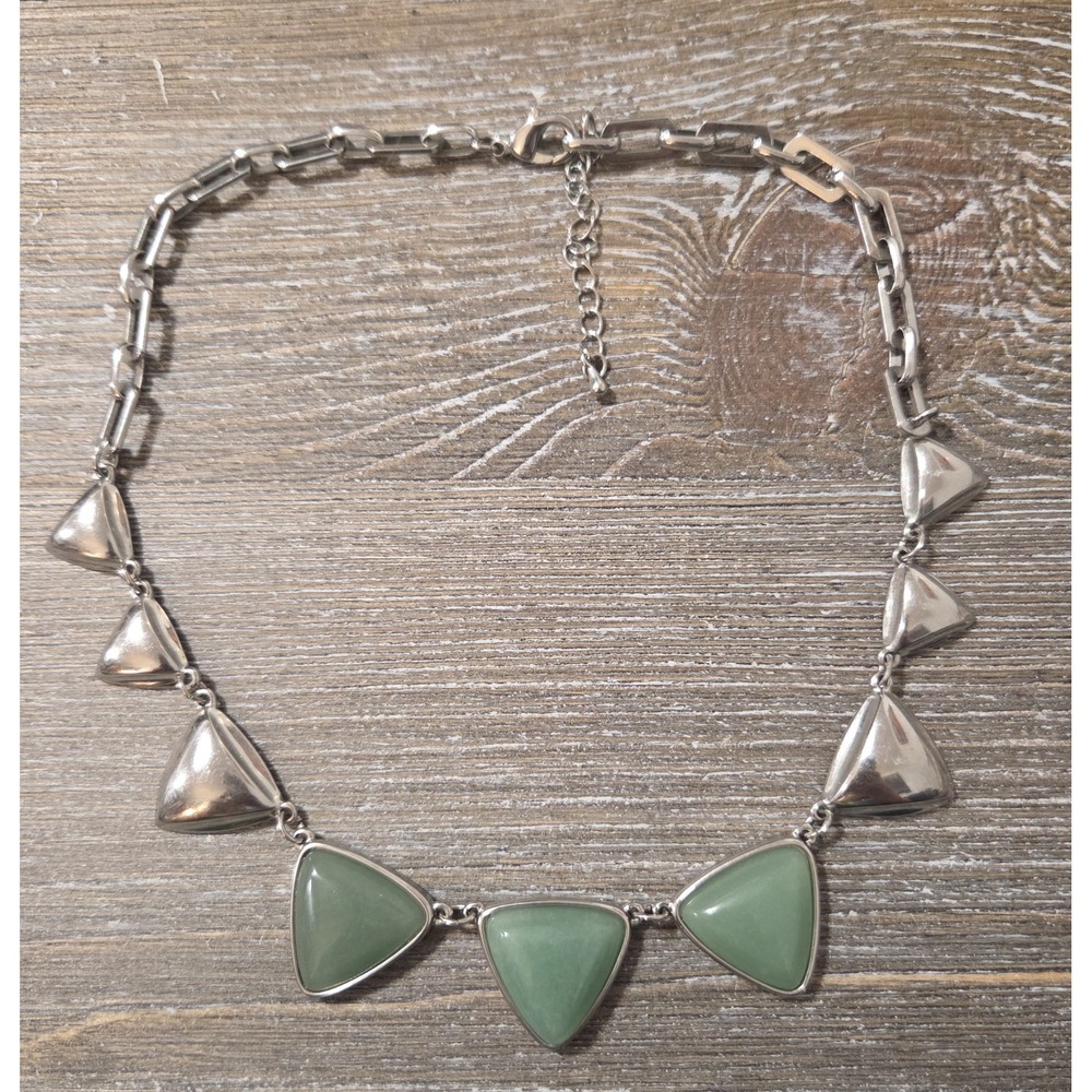 Jade Nephrite Stone Triangular Motif with Silver Tone Necklace 18" Vintage Boho